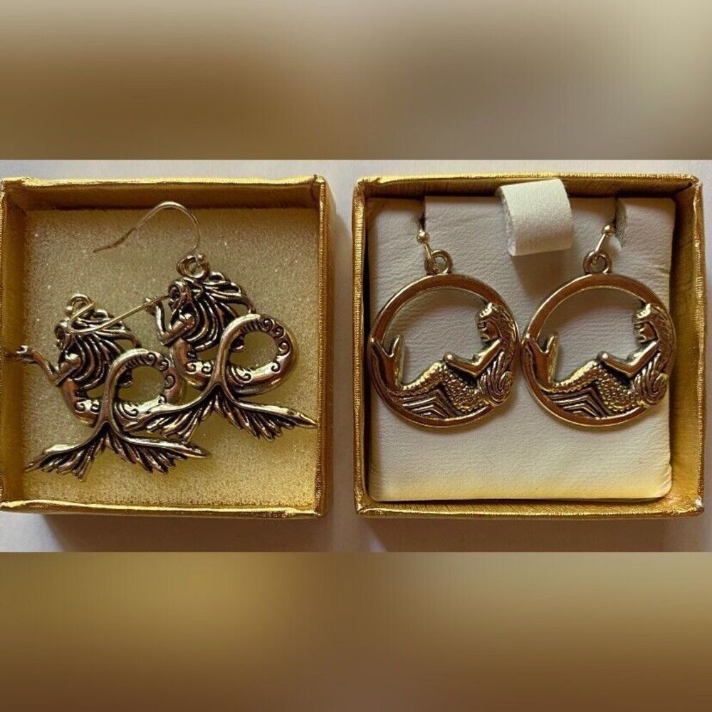 Kenneth Jay Lane Earrings 2 Pair Silvertone Mermaids Costume Fashion Dangle